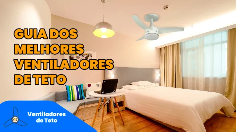 Quarto moderno com ventilador de teto Arno Ultimate e um texto escrito "Melhores Ventiladores de Teto"