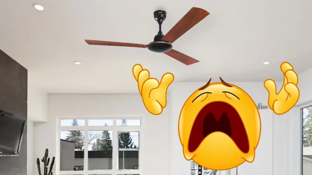 Ventilador de teto amadeirado com emoji de desespero