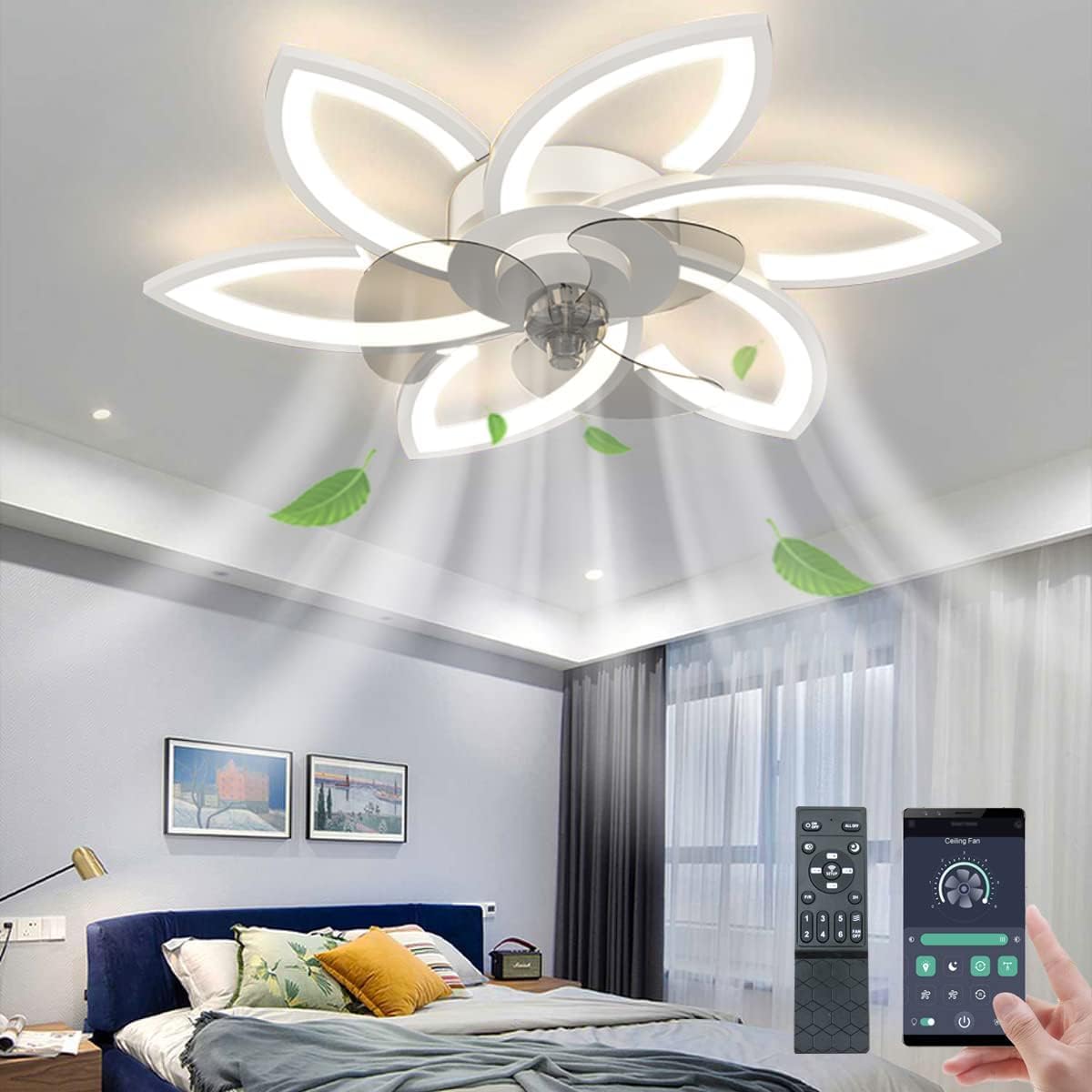 Ventiladores de teto com luzes Controle remoto, Ventiladores de teto modernos com luzes, Ventilador de teto de perfil baixo com luz, Ventilador de teto embutido para quarto, 110V/220V (6 Pétalas)